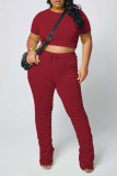 Wine Red Polyester Fashion Sexy adult Ma'am O Neck Solid Draped Two Piece Suits Draped Plus Size