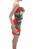 Multicolor Fashion Sexy Print Tie Dye Backless Strapless Sleeveless Two Pieces