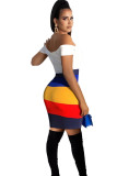 Multi-color Casual Off The Shoulder Short Sleeves V Neck Step Skirt Knee-Length Striped Patchwork Colo