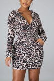 Black Fashion Sexy Print Leopard Basic Turndown Collar Printed Dress