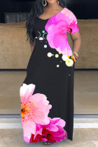 Pink OL V Neck Floral Print Plus Size Dresses