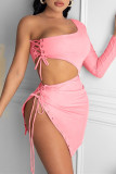 Pink Fashion Sexy Solid Slit One Shoulder Long Sleeve Two Pieces