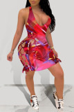 Red Sexy Print Hollowed Out Backless Strap Design Halter Sleeveless Dress