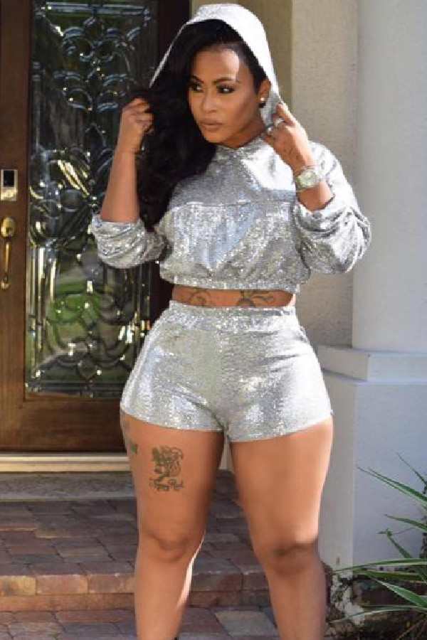 Silver Elastic Fly Mid Solid Patchwork pencil shorts Two-piece suit