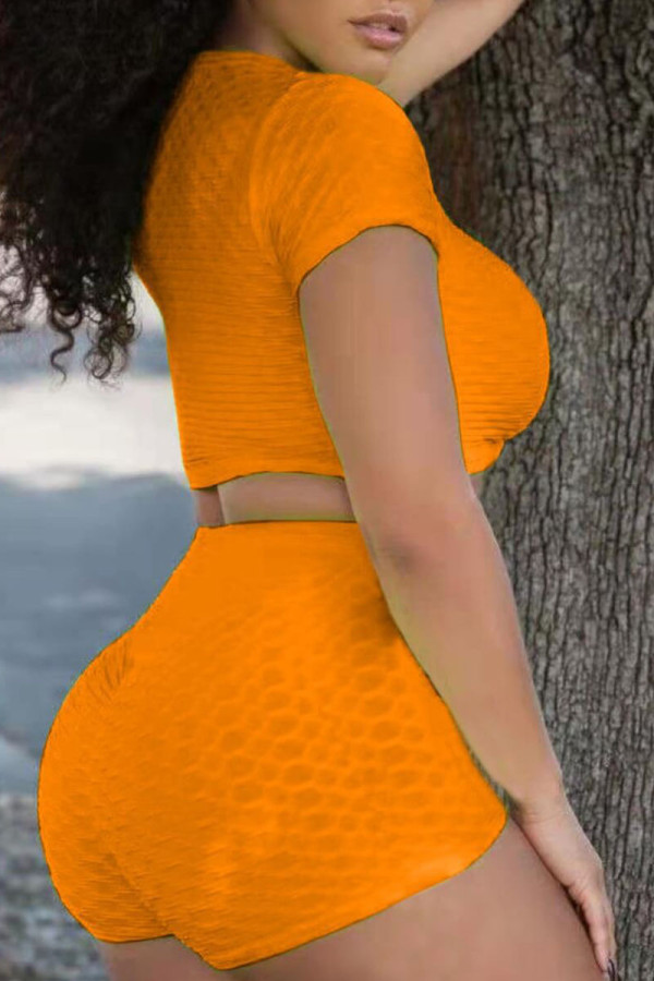 Orange Sportswear Solid O Neck Short Sleeve Two Pieces