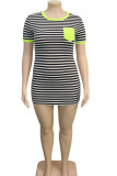 Green Fashion Casual adult Ma'am O Neck Striped Patchwork Stripe Plus Size