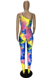 Red Sexy Casual Tie Dye Printing One Shoulder Skinny Jumpsuits
