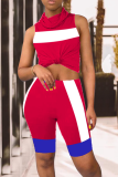 Red Casual Color Block Patchwork Turtleneck Sleeveless Two Pieces