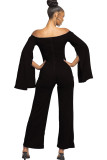 Black Sexy Patchwork Solid Ruffled Polyester Long Sleeve one word collar Jumpsuits