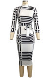 Brown Sexy Fashion Cap Sleeve Long Sleeves O neck Pencil Dress Knee-Length Print chain Patchwork