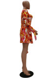 Orange Polyester Fashion Casual adult Patchwork Print Two Piece Suits pencil Long Sleeve Two Pieces