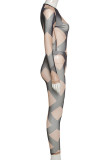Khaki Sexy Print Hollowed Out O Neck Long Sleeve Two Pieces