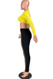 Yellow Fashion Casual Adult Twilled Satin Solid Ripped Split Joint O Neck Long Sleeve Regular Sleeve Short Two Pieces