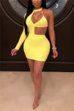Pink Fashion Sexy Solid Hollowed Out O Neck Long Sleeve Dress