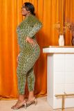 Green Polyester adult Fashion Sexy O Neck Print Striped Zippered Patchwork Stitching Plus Size Jumpsuits