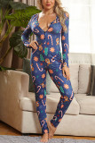 Navy Blue Sexy Living Polyester Knitting Print Buttons V Neck Skinny Jumpsuits