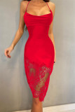 Red Fashion Sexy Solid Patchwork Backless Spaghetti Strap Sleeveless Dress Dresses