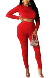 Red Fashion Sexy Adult Polyester Solid Fold O Neck Long Sleeve Regular Sleeve Short Two Pieces