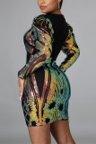 Gold Fashion Sexy Patchwork Sequins V Neck Long Sleeve