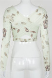 Light Green Sexy Print Hollowed Out V Neck Mid Waist Tops