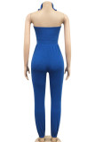 Blue Sexy bandage Solid Polyester Sleeveless Wrapped Jumpsuits
