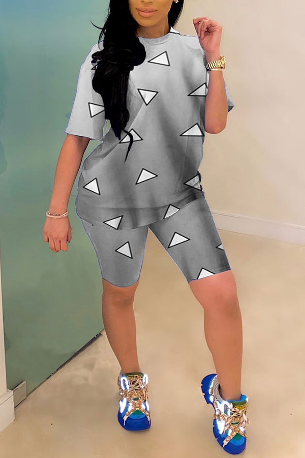 Grey Fashion Casual adult Geometric Patchwork Print Gradient Two Piece Suits Straight Short Sleeve Two Pieces