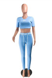 Light Blue Fashion Casual Letter Print Basic O Neck Short Sleeve Two Pieces