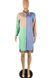 Blue Casual Striped Print Patchwork Turndown Collar Pencil Skirt Dresses