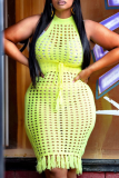 Pink Sexy Solid Hollowed Out Halter Pencil Skirt Dresses