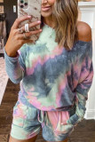 Grey Fashion Casual adult One word collar Patchwork Print Tie Dye Two Piece Suits Stitching Plus Size