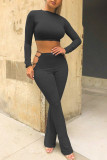 Black Work Daily Solid O Neck Long Sleeve Two Pieces