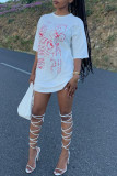 White Fashion Casual Print Basic O Neck T-shirt Dress
