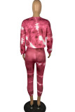 Multicolor Sexy Print Tie-dye O Neck Long Sleeve Two Pieces