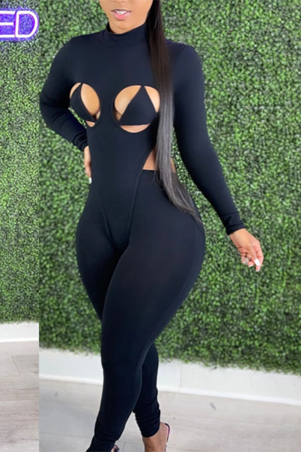 Black Sexy Solid Patchwork Half A Turtleneck Long Sleeve Two Pieces