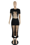Black Fashion Sexy Solid Ripped Hollowed Out O Neck Short Sleeve Dress
