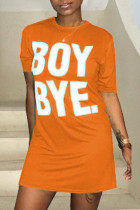 Orange Polyester Street Fashion adult Cap Sleeve Short Sleeves O neck Step Skirt Mini Print Character washi