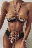 Black Nylon Leopard Patchwork Print bandage backless Two Piece Suits Fashion Sexy adult Swimwears
