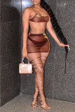 Dark Brown Fashion Sexy Solid See-through Backless Strap Design Spaghetti Strap Sleeveless Two Pieces