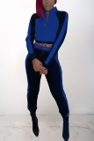 Blue Casual Solid Patchwork Zipper Collar Long Sleeve Two Pieces