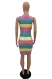 Multicolor Fashion Sexy Striped Print Basic O Neck Sleeveless Dress