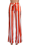 Red Polyester Drawstring Mid Striped Loose Pants Bottoms