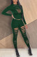 Green Work Daily Solid Ripped O Neck Long Sleeve Two Pieces