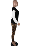 Peacock Blue Casual Leopard Patchwork O Neck Long Sleeve Two Pieces
