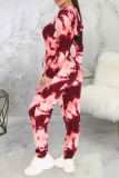 Rose Red Sexy Patchwork Tie-dye Hooded Collar Long Sleeve Two Pieces