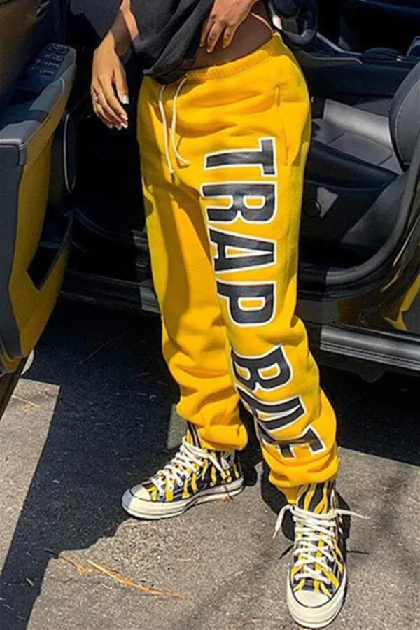 Yellow Casual Sportswear Letter Print Letter Regular Trousers