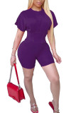 purple Cotton Fashion Casual adult Ma'am Patchwork Solid Two Piece Suits pencil Short Sleeve Two Pieces