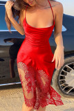 Red Fashion Sexy Solid Patchwork Backless Spaghetti Strap Sleeveless Dress Dresses