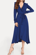 Hide Blue Polyester Work Heap sleeves Long Sleeves V Neck Asymmetrical Mid-Calf stringy selvedge Solid Long S