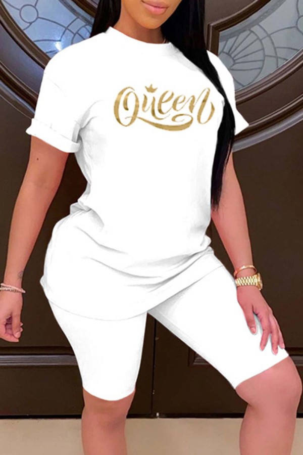 White Fashion Casual Print Basic O Neck Short Sleeve Two Pieces