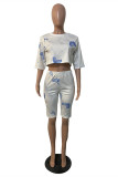 White Fashion Casual Print Basic O Neck Half Sleeve Two Pieces